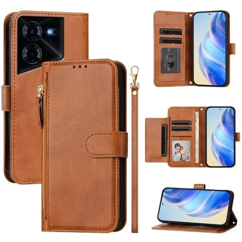 Funda de Cuero para Tecno Pova 5 Pro con Cremallera y Ranuras para Tarjetas (Marrón)