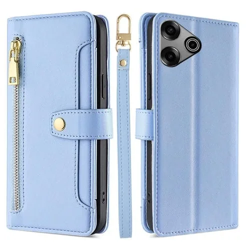 Funda de Cuero para Tecno Pova 6 Pro 5G con Billetera, Cremallera y Textura de Oveja (Azul)