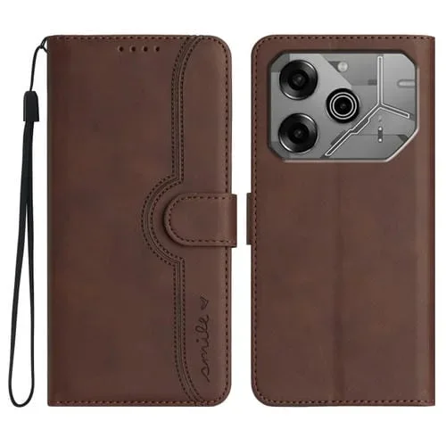 Funda de Cuero para Tecno Pova 6 Pro con Diseño de Corazón y Tacto Sedoso (Marrón)