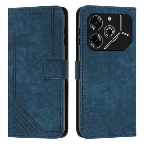 Funda de Cuero para Tecno Pova 6 Pro con Patrón de Rayas y Cordón Largo (Azul)