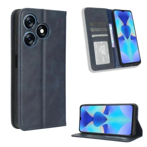 Funda de Cuero para Tecno Spark 10 4G con Hebilla Magnética y Textura Retro (Azul)