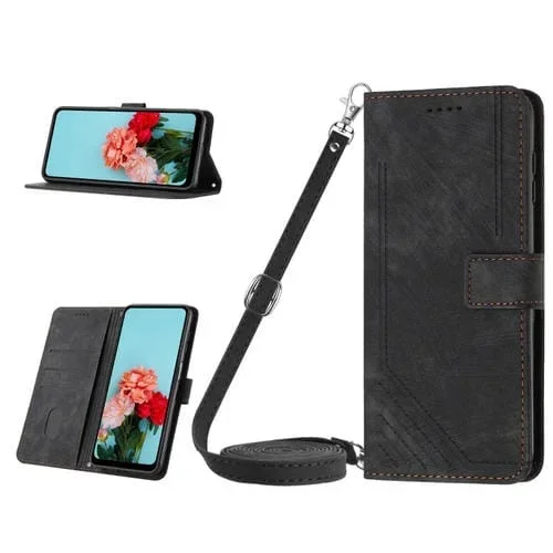 Funda de Cuero para Tecno Spark 10 con Cordón y Patrón Rayas (Negro)