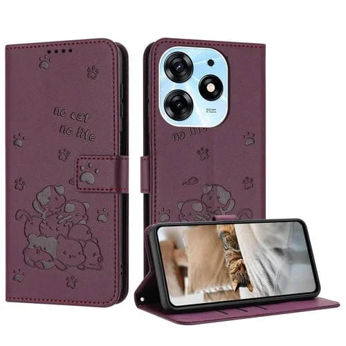 Funda de Cuero para Tecno Spark 10 Pro K17 4G con Diseño de Gatito y Cordón (Rojo Vino)