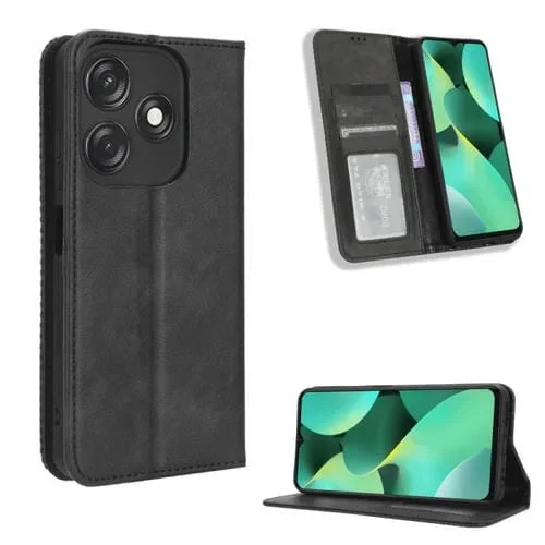 Funda de Cuero para Tecno Spark 10C con Hebilla Magnética y Textura Retro (Negro)