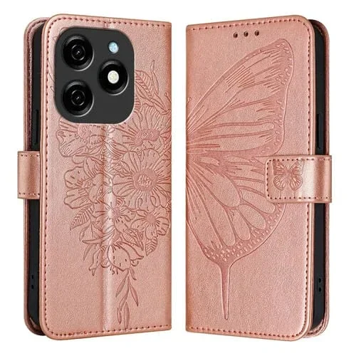 Funda de Cuero para Tecno Spark 20 con Mariposa En Relieve (Oro Rosa)
