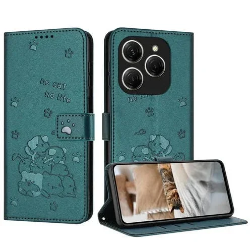 Funda de Cuero para Tecno Spark 20 Pro 5G con Diseño de Gatito en Relieve y Cordón (Verde Oscuro)
