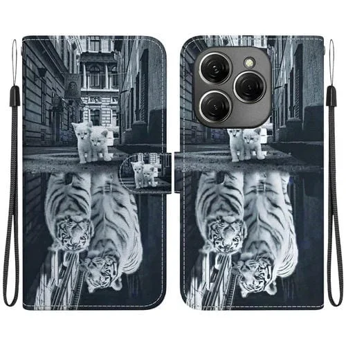 Funda de Cuero para Tecno Spark 20 Pro con Dibujo Coloreado y Textura de Cristal (Reflejo de Tigre Gato)
