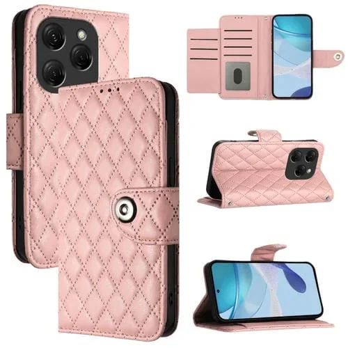 Funda de Cuero para Tecno Spark 20 Pro con Tapa Textura Rombal y Cordón (Rosa Coral)