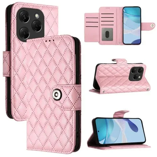 Funda de Cuero para Tecno Spark 20 Pro con Tapa, Textura Rómbica y Cordón (Rosa)