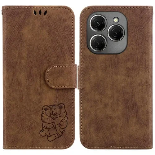 Funda de Cuero para Tecno Spark 20 Pro Little Tiger con Relieve (Marrón)