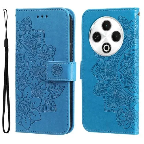 Funda de Cuero para Tecno Spark 30 4G con Estampado Flores de Siete Pétalos (Azul)
