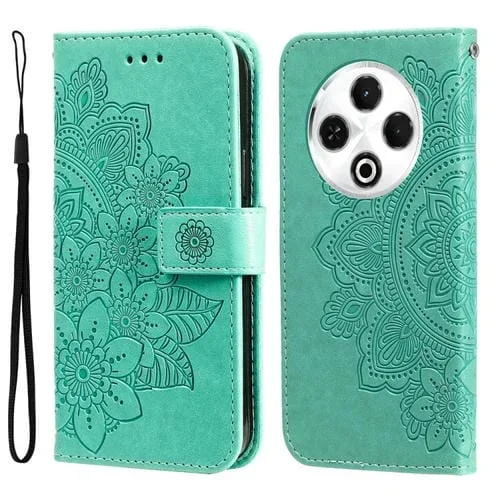 Funda de Cuero para Tecno Spark 30 4G con Estampado Flores de Siete Pétalos (Verde)
