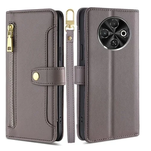 Funda de Cuero para Tecno Spark 30C 4G con Cremallera y Diseño Cruzado (Gris)
