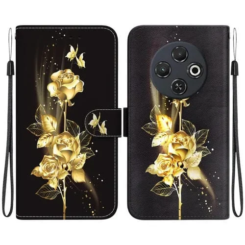 Funda de Cuero para Tecno Spark 30C con Dibujo de Colores y Textura de Cristal (Mariposa Dorada y Rosa)