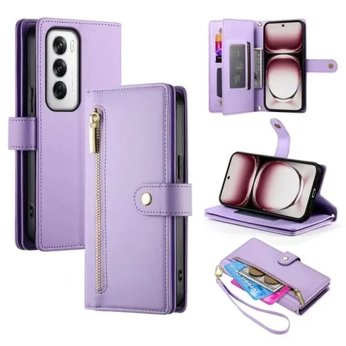 Funda de Cuero para Teléfono con Nueve Ranuras para Tarjetas y Cremallera para Oppo Reno12 Global (Morado)