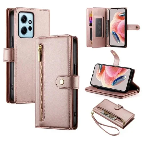 Funda de Cuero para Teléfono con Nueve Ranuras para Tarjetas y Cremallera para Redmi Note 12 4G/Note 12R Pro (Rosa)