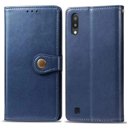 Funda de Cuero para Teléfono Galaxy M10 Protección Hebilla Marco Fotos Ranura Tarjeta Billetera Soporte (Azul)