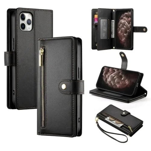 Funda de Cuero para Teléfono iPhone 11 Pro Max con Nueve Ranuras y Cremallera (Negro)
