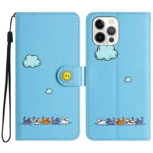 Funda de Cuero para Teléfono iPhone 12/12 Pro con Gatos de Dibujos Animados (Azul)