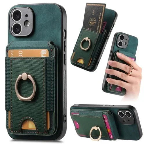 Funda de Cuero para Teléfono iPhone 12 con Soporte Magnético Divisible Retro y Bolsa para Tarjetas (Verde)