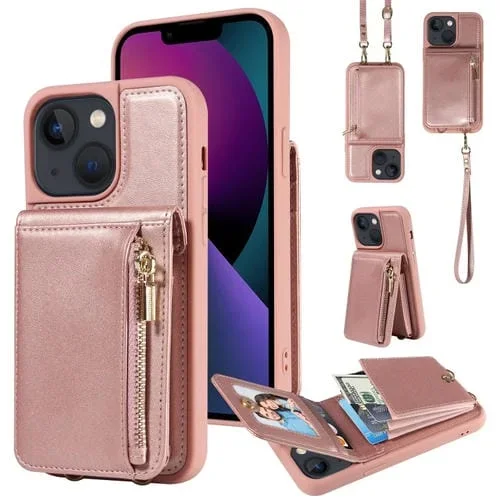 Funda de Cuero para Teléfono iPhone 13 Crossbody Lanyard Zipper Wallet (Oro Rosa)