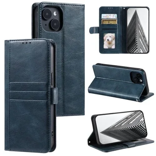 Funda de Cuero para Teléfono iPhone 13 Mini con Billetera para 6 Tarjetas (Azul Marino)