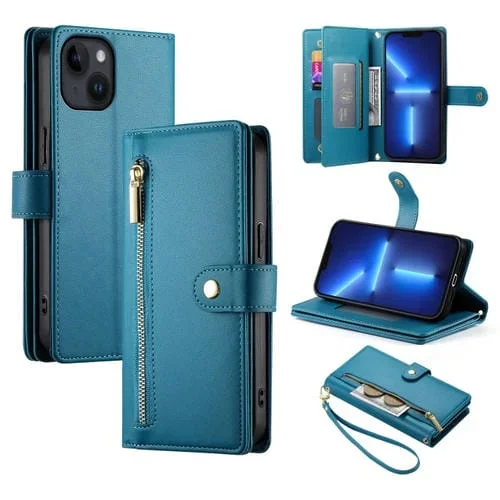 Funda de Cuero para Teléfono iPhone 13 Pro Max con 9 Ranuras para Tarjetas y Cremallera (Azul)