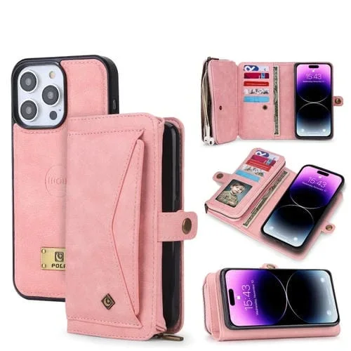Funda de Cuero para Teléfono iPhone 14 con Billetera y Cremallera Multifuncional (Rosa)