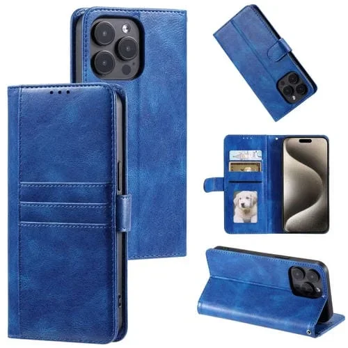 Funda de Cuero para Teléfono iPhone 14 Pro con Billetera para 6 Tarjetas (Azul)