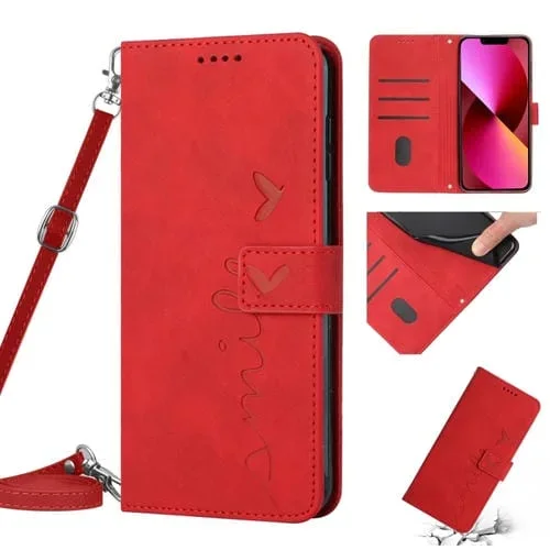 Funda de Cuero para Teléfono iPhone 14 Skin Feel Heart Pattern con Cordón (Rojo)