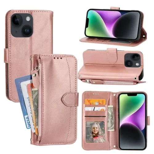 Funda de Cuero para Teléfono iPhone 15 con Billetera y Cremallera Piel de Aceite (Oro Rosa)
