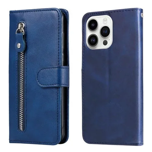 Funda de Cuero para Teléfono iPhone 15 Pro Fashion Becerro Textura Cremallera (Azul)