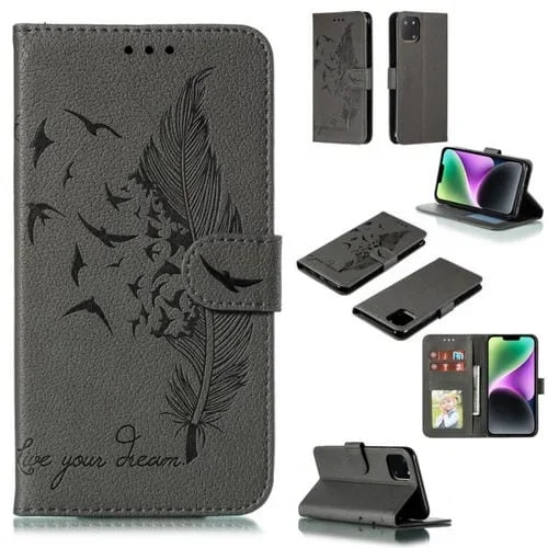 Funda de Cuero para Teléfono iPhone 15 Textura Litchi con Patrón de Plumas (Gris)