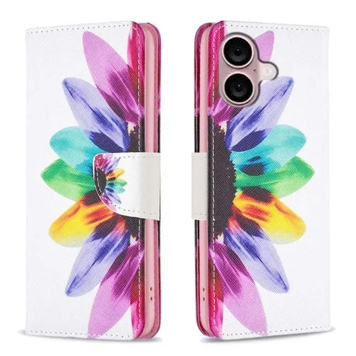 Funda de Cuero para Teléfono iPhone 16 Plus con Patrón de Dibujo de Colores (Flor del Sol)