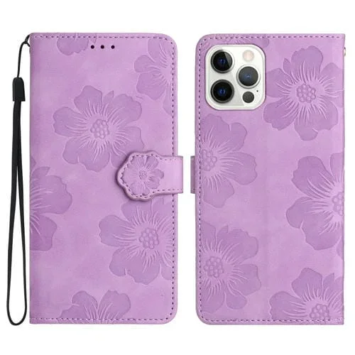 Funda de Cuero para Teléfono iPhone 16 Pro Estampado de Flores (Púrpura)