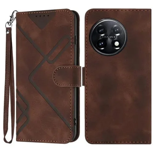 Funda de Cuero para Teléfono OnePlus 11 Line Pattern Skin Feel (Café)