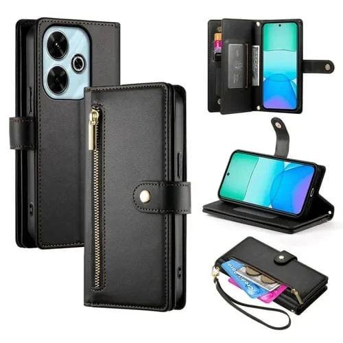 Funda de Cuero para Teléfono Redmi 13 con Nueve Ranuras para Tarjetas y Cremallera (Negra)
