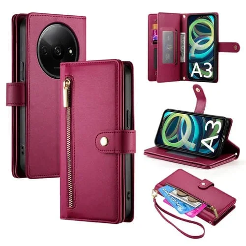 Funda de Cuero para Teléfono Redmi A3 con Nueve Ranuras para Tarjetas y Cremallera (Rojo)