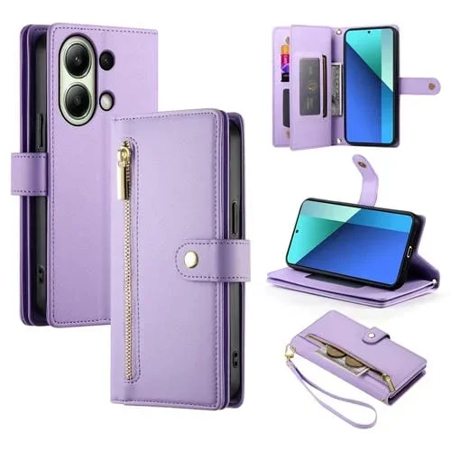 Funda de Cuero para Teléfono Redmi Note 13 4G con Nueve Ranuras para Tarjetas y Cremallera (Morado)