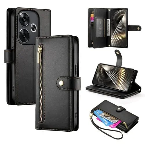 Funda de Cuero para Teléfono Redmi Turbo 3 con Nueve Ranuras para Tarjetas y Cremallera (Negra)