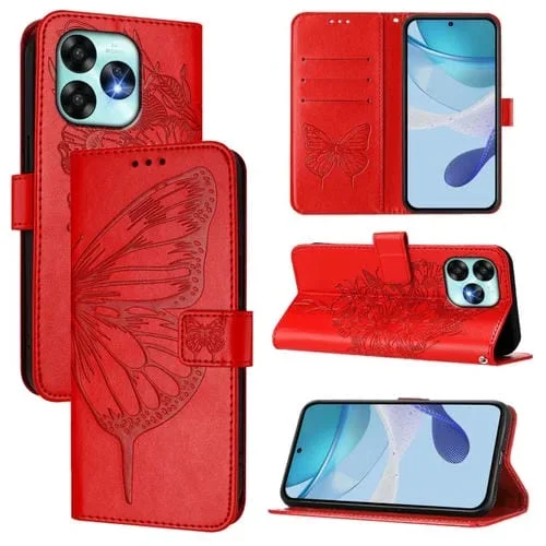 Funda de Cuero para Teléfono Umidigi A15/A15C/A15T con Diseño de Mariposa En Relieve (Rojo)