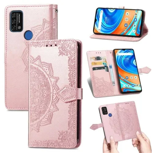 Funda de Cuero para Umidigi A9 Mandala Flower Horizontal con Titular, 3 Tarjetas, Billetera y Cordón (Oro Rosa)