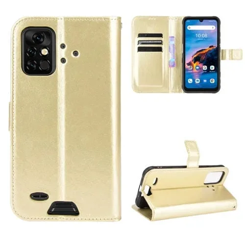 Funda de Cuero para Umidigi Bison Pro Crazy Horse Texture con Soporte, Ranuras y Cordón (Oro)
