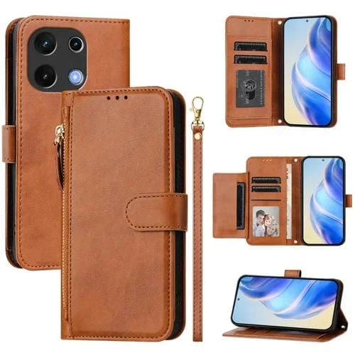 Funda de Cuero para Umidigi Note 100 con Cremallera y Ranuras para Tarjetas (Marrón)