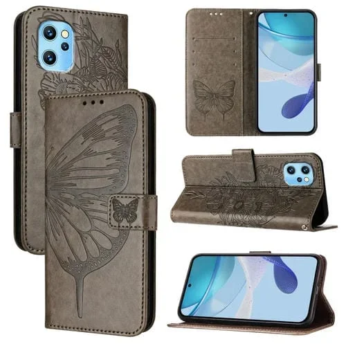 Funda de Cuero para Umidigi Power 7 Max con Diseño de Mariposa en Relieve (Gris)