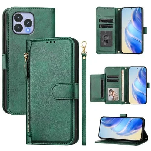 Funda de Cuero para Wiko T60 con Cremallera y Ranuras para Tarjetas (Verde)