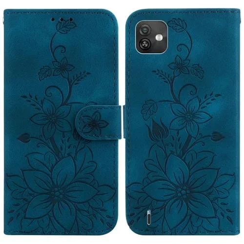 Funda de Cuero para Wiko Y82 con Relieve Lily (Azul Oscuro)