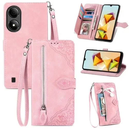 Funda de Cuero para ZTE Blade A33S con Cremallera y Flor en Relieve (Rosa)