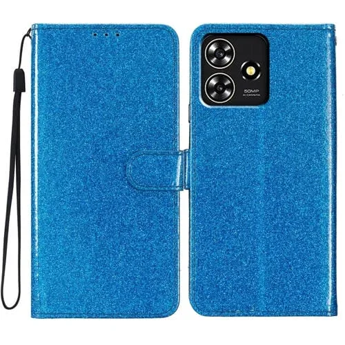 Funda de Cuero para ZTE Blade A73 4G con Tapa en Polvo y Purpurina (Azul)