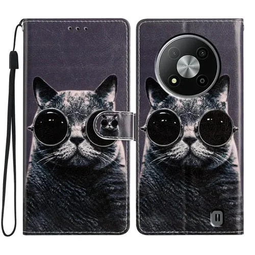 Funda de Cuero para ZTE Blade A73 5G con Dibujo Coloreado Gato de Gafas de Sol